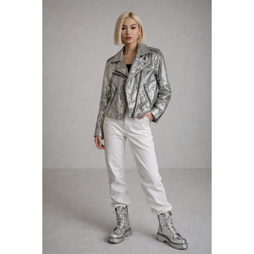 Blank NYC Crushed Silver Metallic Biker Jacket, Size Small, Pre-owned, Excellent